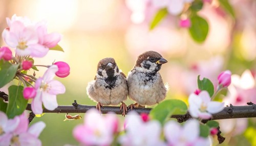 Small funny Sparrow Chicks sit in the garden surrounded by pink Apple blossoms on a Sunny may day,
