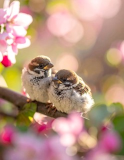 Small funny Sparrow Chicks sit in the garden surrounded by pink Apple blossoms on a Sunny may day,