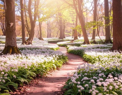 A tranquil forest path lined with white flowers, surrounded by tall trees and bathed in soft