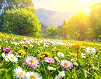 A sunny meadow with daisies in full bloom under bright sunlight, creating a vibrant and cheerful