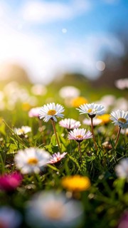 A sunny meadow with daisies in full bloom under bright sunlight, creating a vibrant and cheerful