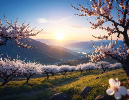 Landscape with a blooming apricot tree, idilyc spring nature, green grass and mountains in