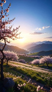 Landscape with a blooming apricot tree, idilyc spring nature, green grass and mountains in
