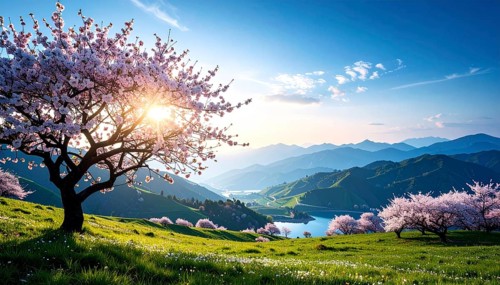 Landscape with a blooming apricot tree, idilyc spring nature, green grass and mountains in