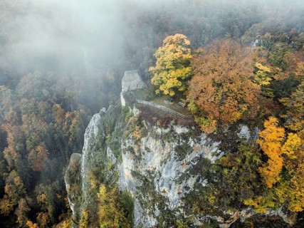 Aerial view of the viewpoint, shovels and Hausen Castle, also known as the Hausen ruins, surrounded