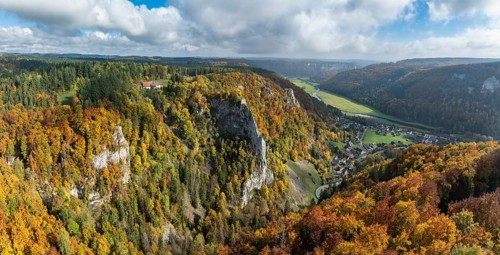 Aerial view, panorama from the viewpoint, shovels and Hausen Castle, also known as the Hausen