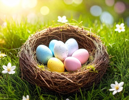 Nest with easter eggs in a basket on grass, sunny spring day, fresh beautiful landscape at