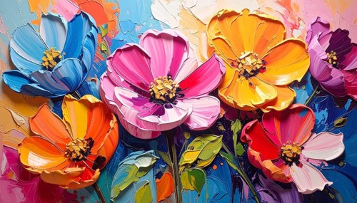 Closeup of abstract rough colorful multicolored organic floral spring flowers art painting texture,