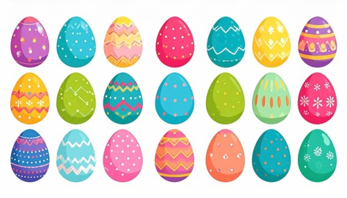 Set of easter eggs flat design on white background, abstract vector wallpaper illustration, banner