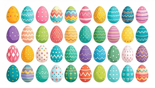 Set of easter eggs flat design on white background, abstract vector wallpaper illustration, banner