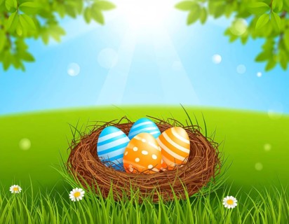 Nest with easter eggs in grass on a sunny spring day, Easter wallpaper decoration drawing, banner,