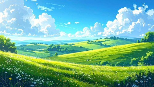 Fresh summer hilly Landscape with blooming Meadow, green plants, Blue Sky with cloudy sky, serene