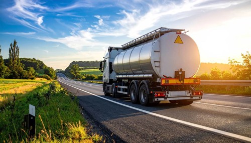 Petrol cargo truck lorry tanker driving on highway hauling oil products at sunrise, wide hilly