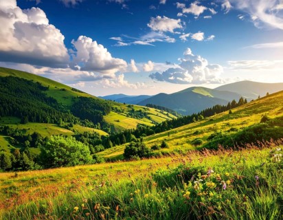 Fresh summer hilly Landscape with blooming Meadow, green plants, Blue Sky with cloudy sky, serene