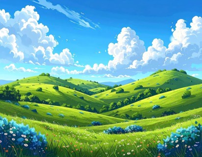 Fresh summer hilly Landscape with blooming Meadow, green plants, Blue Sky with cloudy sky, serene