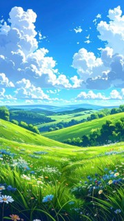 Fresh summer hilly Landscape with blooming Meadow, green plants, Blue Sky with cloudy sky, serene