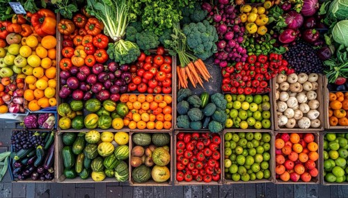 Fresh fruits and vegetables in a market display, aerial view perpendicular top down, healthy eating