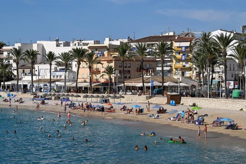 View of the beach and old town of Jávea or Xàbia, Alicante Province, Comunidad Valenciana, Spain