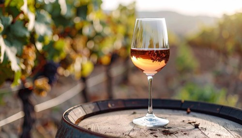 A glass of 10-year-old tawny wine placed on a barrel in a vineyard restaurant, vineyard landscape