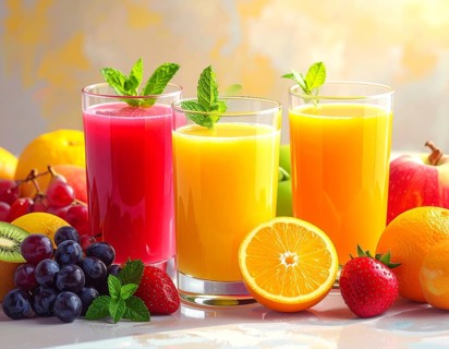 Fresh fruit juices in glasses, surrounded by colorful fruits, showcasing healthy drinking and