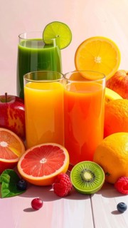 Fresh fruit juices in glasses, surrounded by colorful fruits, showcasing healthy drinking and
