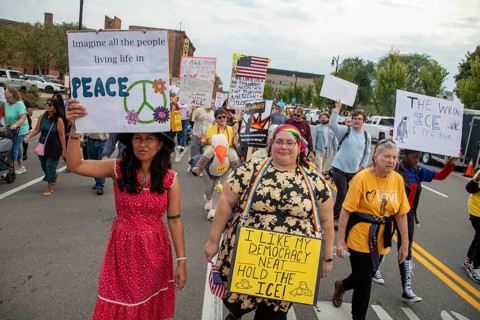 Detroit, Michigan USA - 18 October 2025 - A large crowd gathered for a 'No Kings' rally, protesting