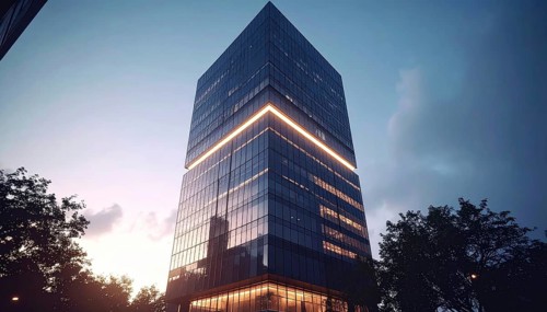 Modern building reflecting sunset light at dusk. Abstract Futuristic Business Background, AI