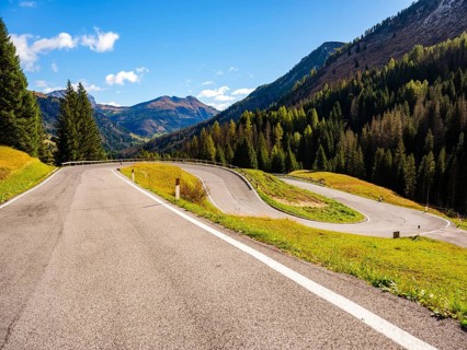 Pass road with many hairpin curves, Dolomite Road, Passo Pordoi, Dolomites, Alps, Belluno province,