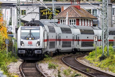 InterCity operated by Deutsche Bahn AG on the road between Stuttgart and Singen. The panoramic