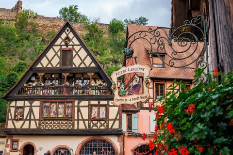 Decorated half-timbered house in the old town centre of Kaysersberg
