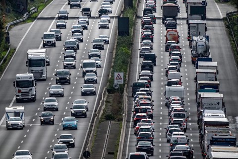 Traffic jam on the A3 motorway between the Hilden junction and the Mettmann junction, view to the
