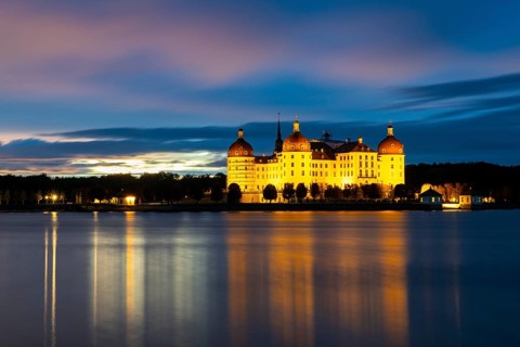 Moritzburg Castle in the blue hour, castle pond, reflection, sunset, Moritzburg, Saxony, Germany