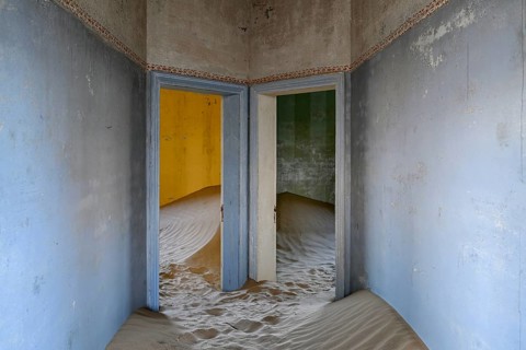 Former dwelling house full of sand, Kolmanskop, restricted diamond area, Karas region, Namibia