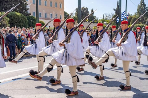 The traditional changing of the guard of the Evzones in front of the Greek Parliament in the Greek