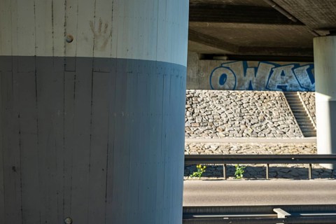 Concrete bridge with graffito in Münsingen on the Swabian Alb, Baden-Württemberg, Germany, for
