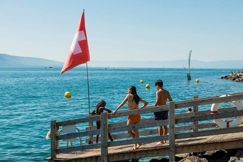 Promenade by the lake, Vevey, Lake Geneva, Lac Léman, Canton of Vaud, Switzerland