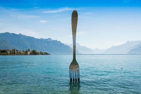 La Fourchette, the fork, sculpture by Jean-Pierre Zaugg, Vevey, Lake Geneva, Lac Léman, Canton of