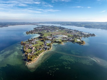 Aerial view of the north-western tip of the island of Reichenau in Lake Constance, with the