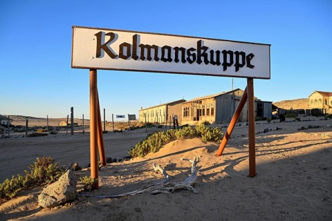 Sign Kolmanskuppe, Kolmanskuppe, near Lüderitz, Karas Region, Namibia