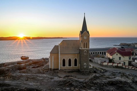 View of the rock church from 1912, blue hour, Lüderitz, Karas Region, Namibia