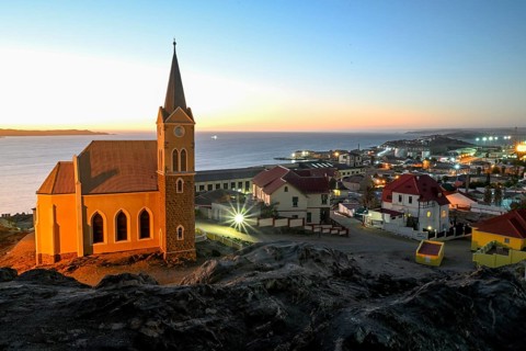 View of the rock church from 1912, blue hour, Lüderitz, Karas Region, Namibia
