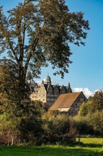 View of Hämelschenburg Castle, a moated castle and major work of the Weser Renaissance, near