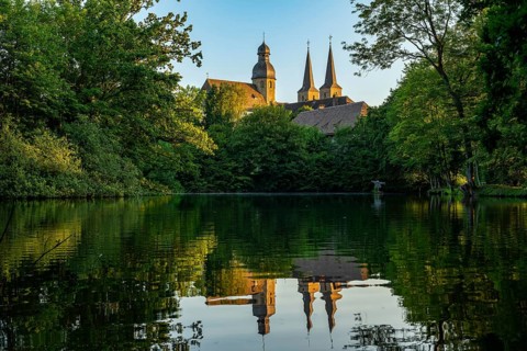 View of the monastery church of Marienmünster Abbey, a former Benedictine monastery, with