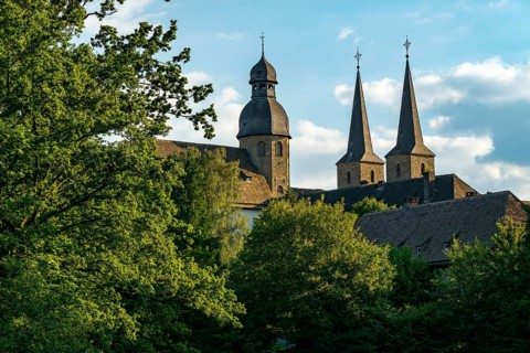 View of the monastery church of Marienmünster Abbey, a former Benedictine monastery, Teutoburg