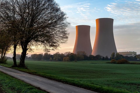 Cooling towers of the Grohnde nuclear power plant in the morning light, Emmerthal, Lower Saxony,