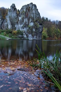 Externsteine in autumn, view over the Wiembecke pond, Teutoburg Forest, Horn-Bad Meinberg, North