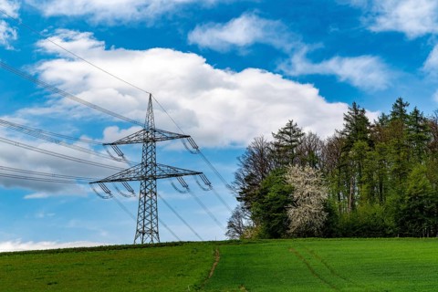 Electricity pylon above a green meadow next to a forest above Henkenbrink, blue sky with dramatic