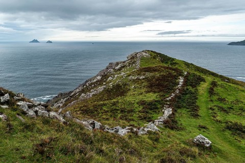 View over green meadows and a natural stone wall to the Atlantic Ocean and the Skellig Islands,