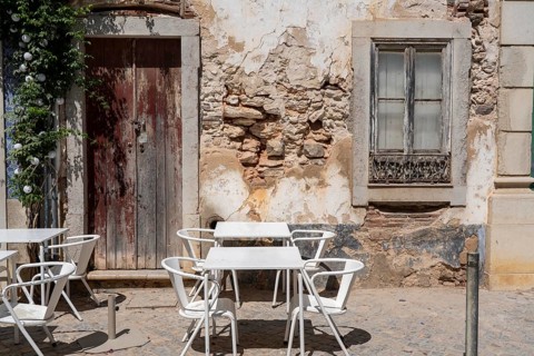 Restaurant furniture, for outdoor catering, tables, chairs, stacked, day off, catering closed, old