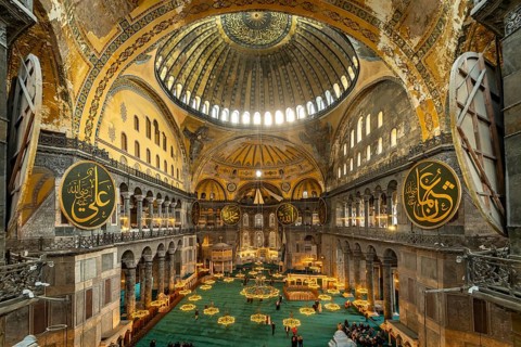 Interior of today's Hagia Sophia mosque or Church of St Sophia, former Byzantine church and museum
